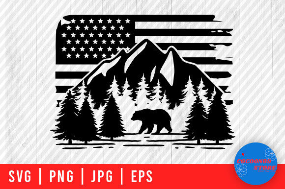 Montain Bear on American Flag Svg for Graphics and Crafts
