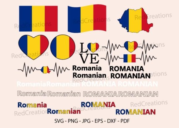 Romania Flag Bundle Svg, Love, Waving Graphics for Crafts