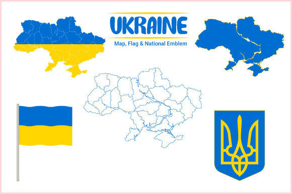 Ukraine Map, Flag and National Emblem Graphics for Crafts