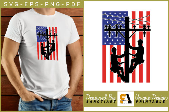 USA Flag with Lineman Silhouette Vector Graphics